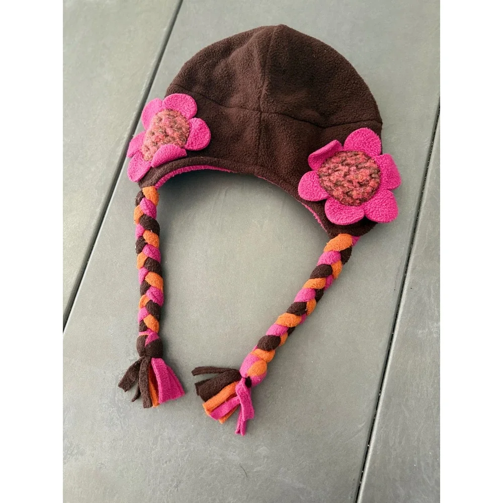 Tuff Cookie Girls Fleece Trapper Hat Brown Pink Orange Floral Braids Size L